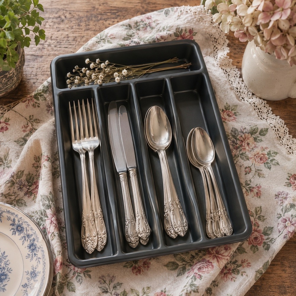 Rubbermaid Black Silverware Drawer Organizer 5 Compartment Cutlery Tray Floral